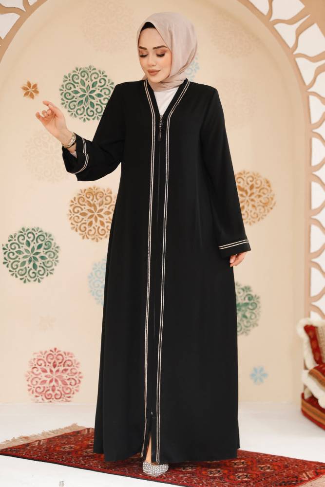 Fermuarlı Siyah Tesettür Abaya 35167S - 2