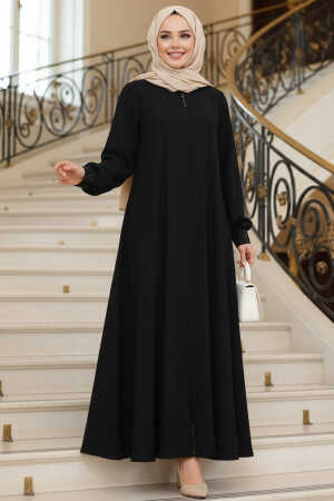 Fermuarlı Siyah Tesettür Abaya 35168S - 1