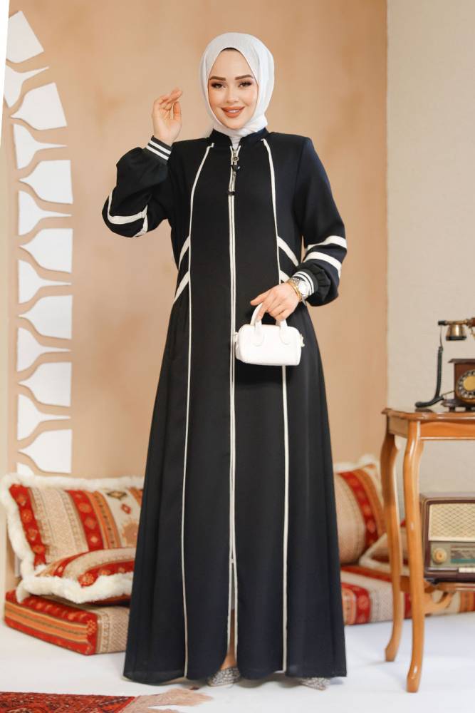 Fermuarlı Siyah Tesettür Abaya 41566S - 2