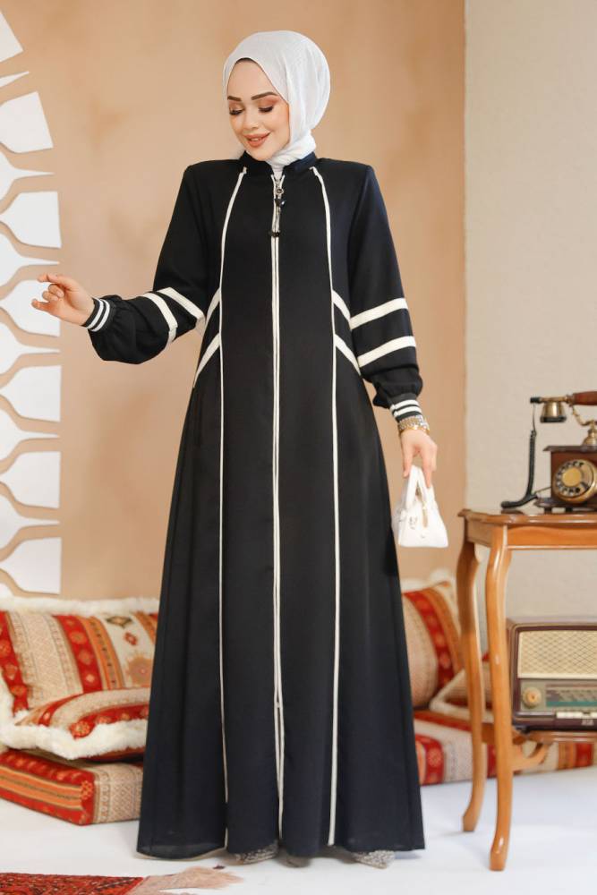 Fermuarlı Siyah Tesettür Abaya 41566S - 1