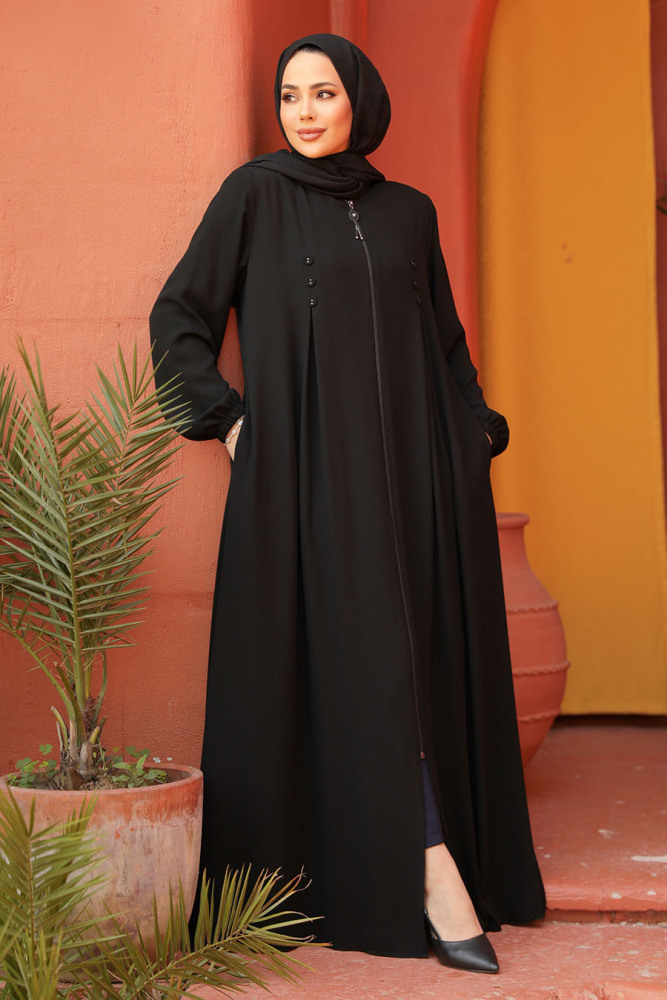 Fermuarlı Siyah Tesettür Abaya 45282S - 2