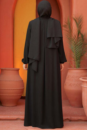 Fermuarlı Siyah Tesettür Abaya 45282S - 4