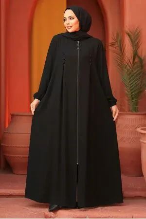 Fermuarlı Siyah Tesettür Abaya 45282S 