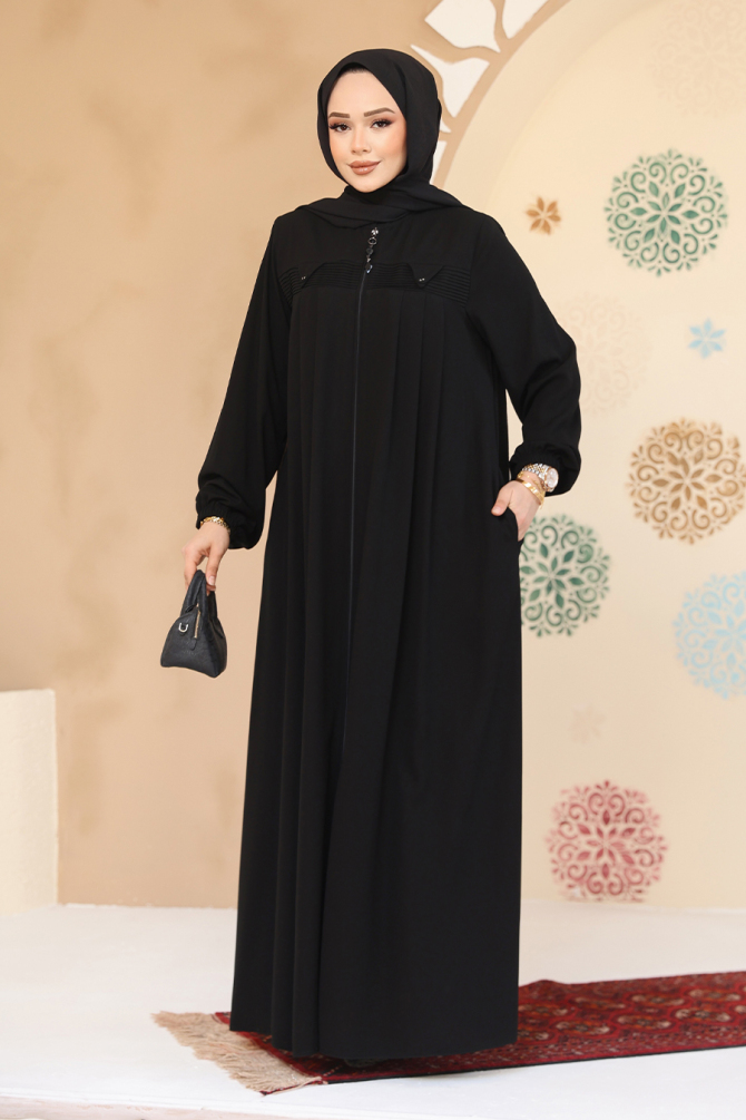 Fermuarlı Siyah Tesettür Abaya 45295S - 2