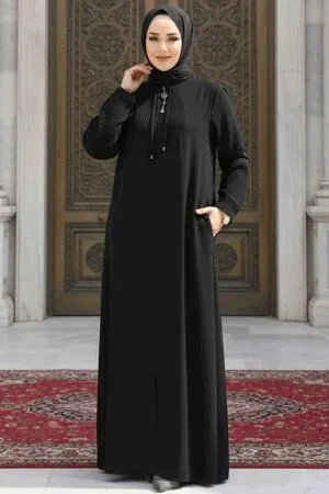 Fermuarlı Siyah Tesettür Abaya 45298S 