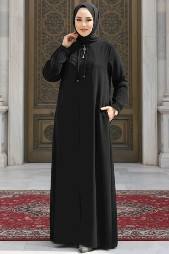 Fermuarlı Siyah Tesettür Abaya 45298S - 1