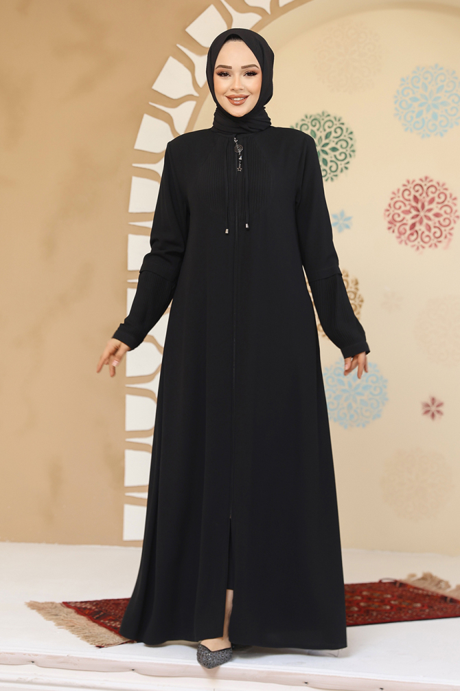 Fermuarlı Siyah Tesettür Abaya 45298S - 2