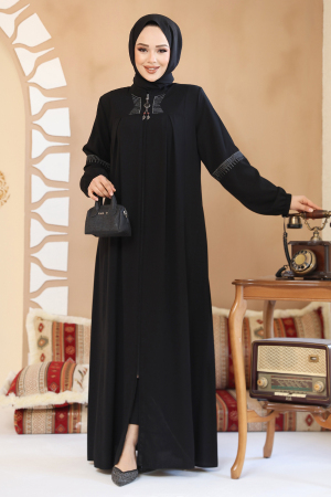 Fermuarlı Siyah Tesettür Abaya 45299S - 1