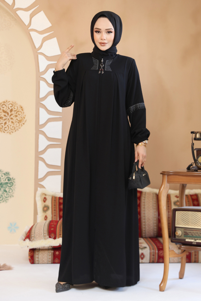 Fermuarlı Siyah Tesettür Abaya 45299S - 2