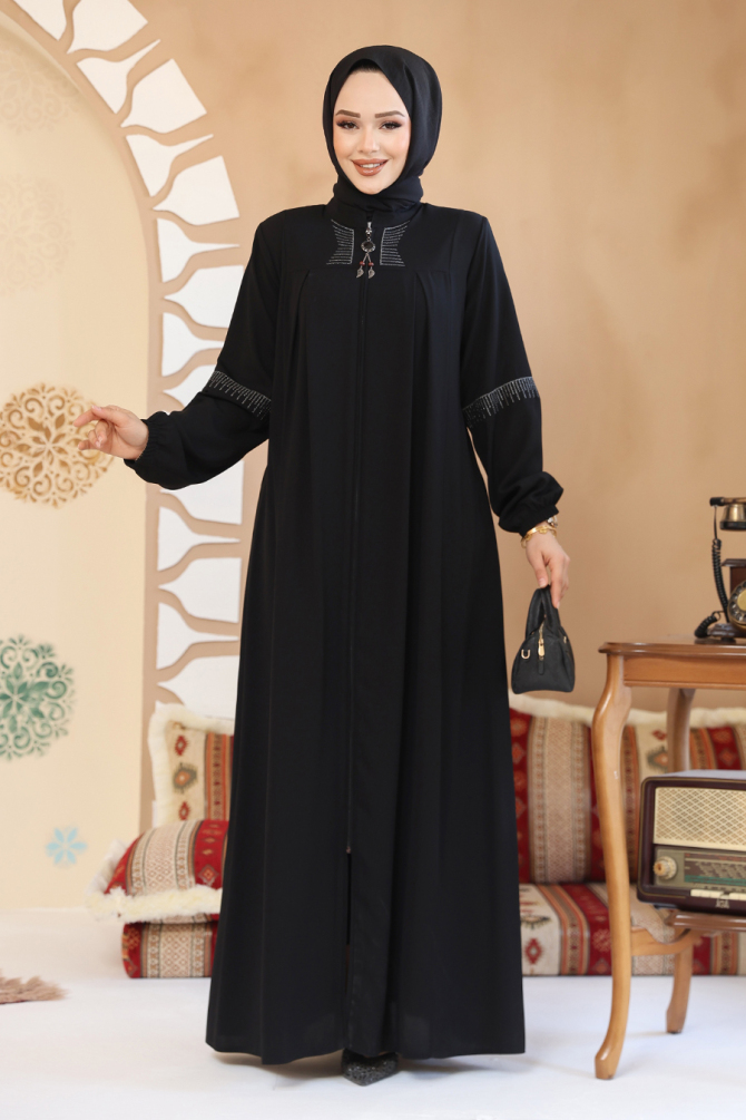 Fermuarlı Siyah Tesettür Abaya 45299S - 3