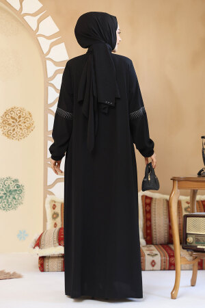 Fermuarlı Siyah Tesettür Abaya 45299S - 4