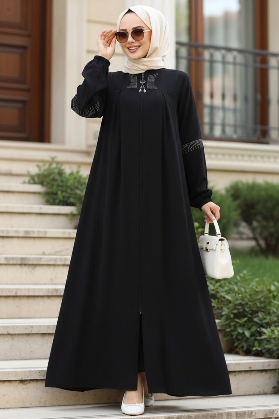 Fermuarlı Siyah Tesettür Abaya 45299S