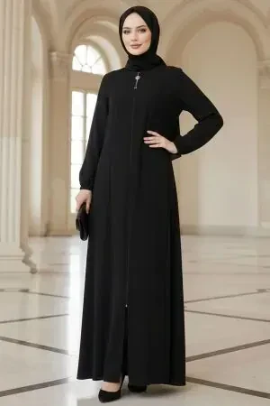 Fermuarlı Siyah Tesettür Abaya 45307S 