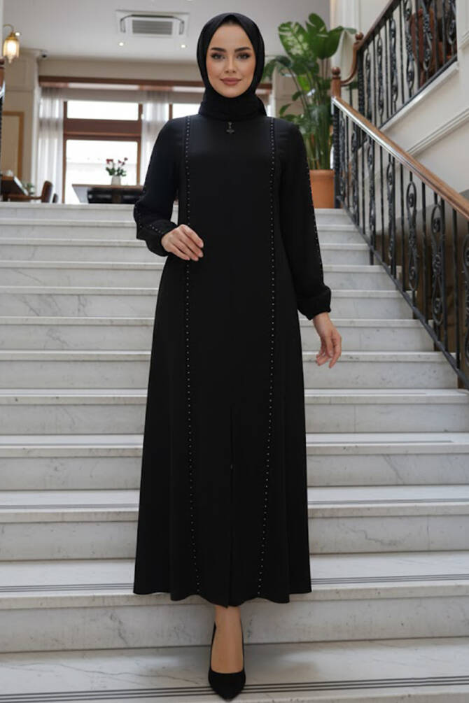 Fermuarlı Siyah Tesettür Abaya 45317S - 1