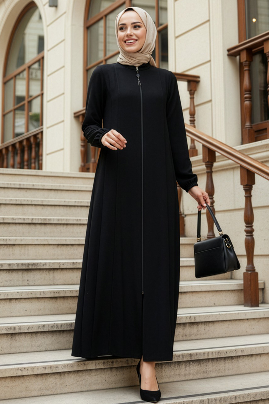 Fermuarlı Siyah Tesettür Abaya 45319S