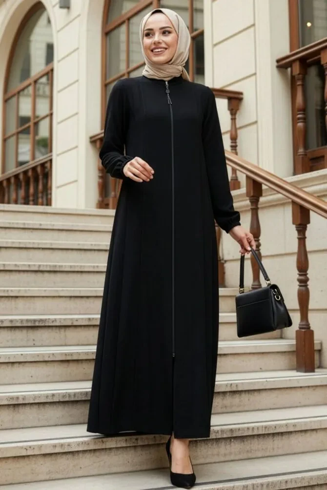 Fermuarlı Siyah Tesettür Abaya 45319S - 1