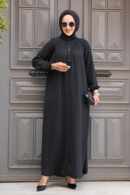 Fermuarlı Siyah Tesettür Abaya 60971S - Thumbnail