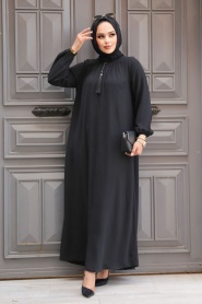 Fermuarlı Siyah Tesettür Abaya 60971S - Thumbnail