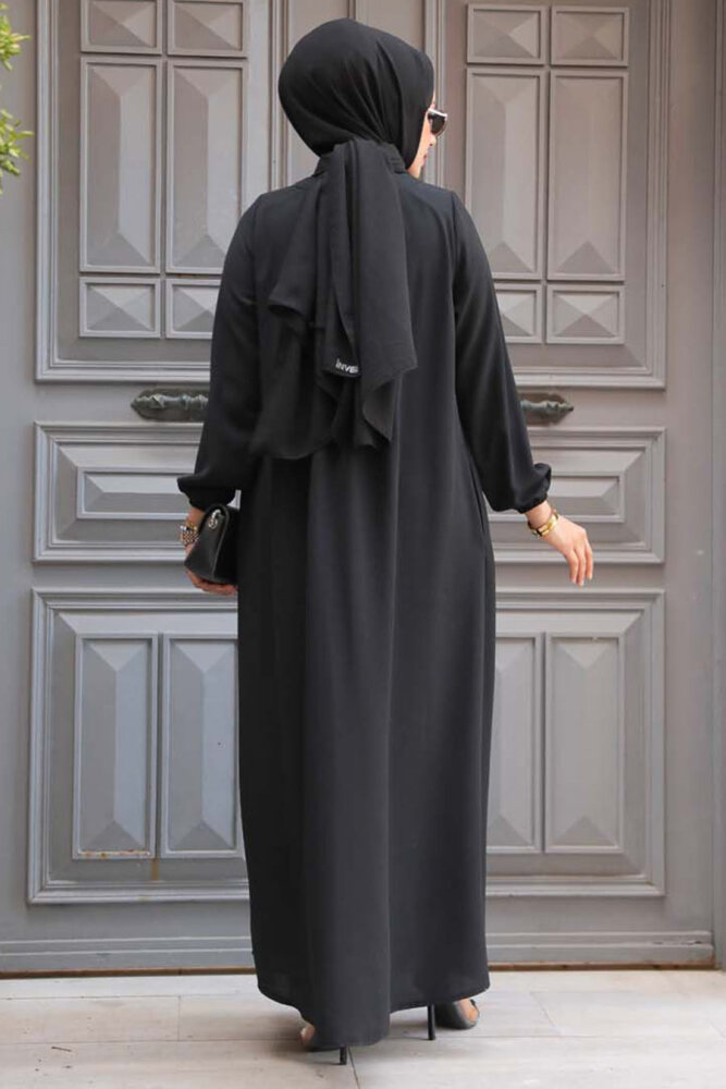 Fermuarlı Siyah Tesettür Abaya 60971S - 3