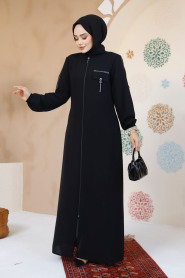Fermuarlı Siyah Tesettür Abaya 61361S - 2