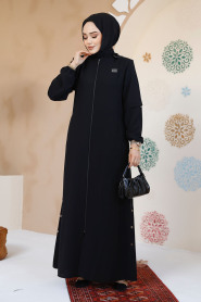 Fermuarlı Siyah Tesettür Abaya 61362S - 2