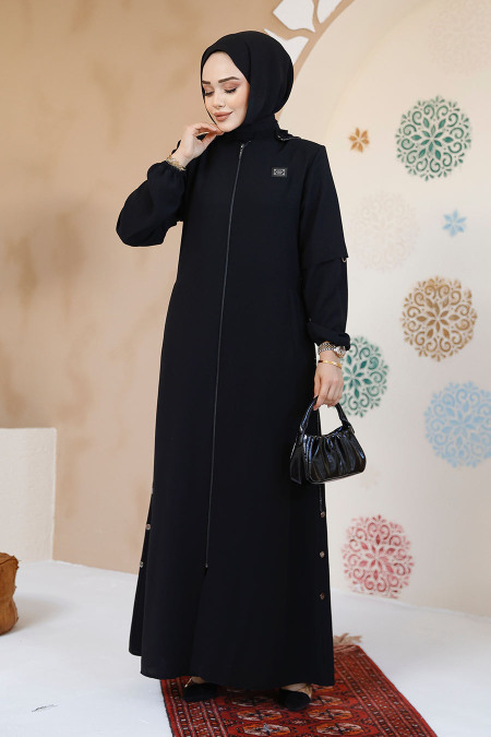 Fermuarlı Siyah Tesettür Abaya 61362S - 2