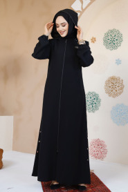 Fermuarlı Siyah Tesettür Abaya 61362S - 1