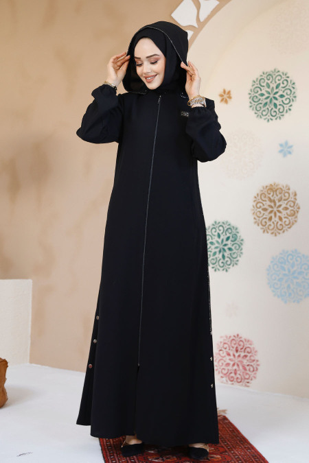 Fermuarlı Siyah Tesettür Abaya 61362S - 1