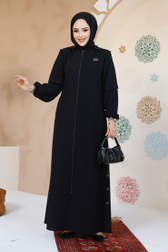 Fermuarlı Siyah Tesettür Abaya 61362S - 3