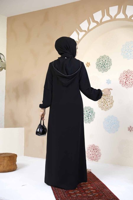 Fermuarlı Siyah Tesettür Abaya 61362S - 4