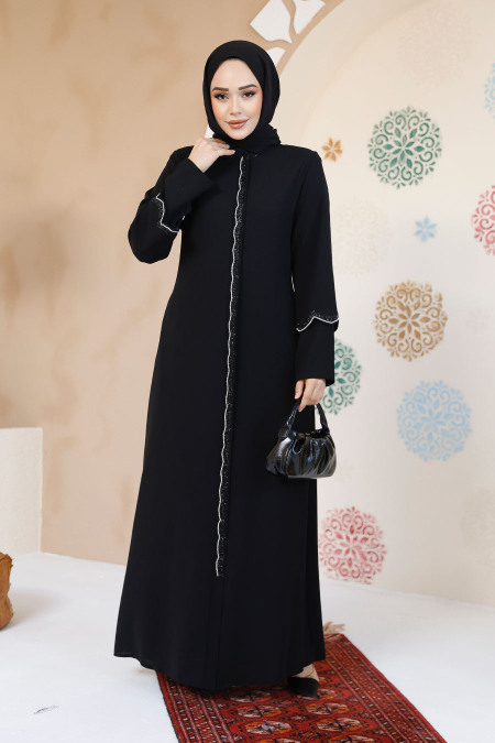 Boncuk İşlemeli Siyah Tesettür Abaya 61365S - 2