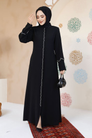 Boncuk İşlemeli Siyah Tesettür Abaya 61365S - 1