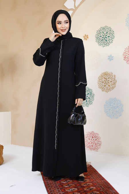 Boncuk İşlemeli Siyah Tesettür Abaya 61365S - 3