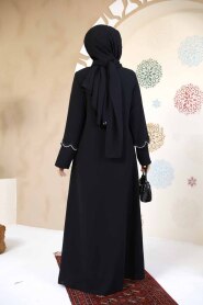 Boncuk İşlemeli Siyah Tesettür Abaya 61365S - 4