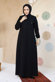 Fermuarlı Siyah Tesettür Abaya 61363S - 1
