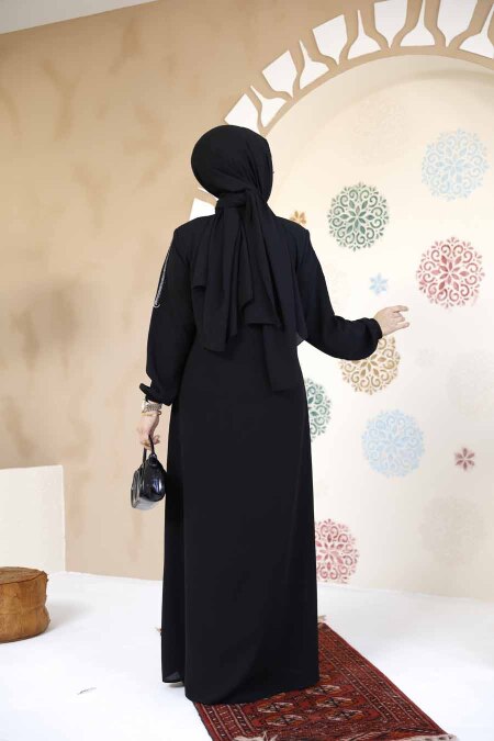 Fermuarlı Siyah Tesettür Abaya 61363S - 2