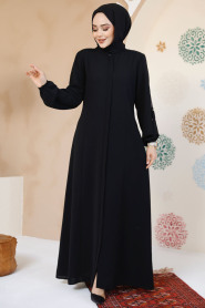 Fermuarlı Siyah Tesettür Abaya 61364S - 2