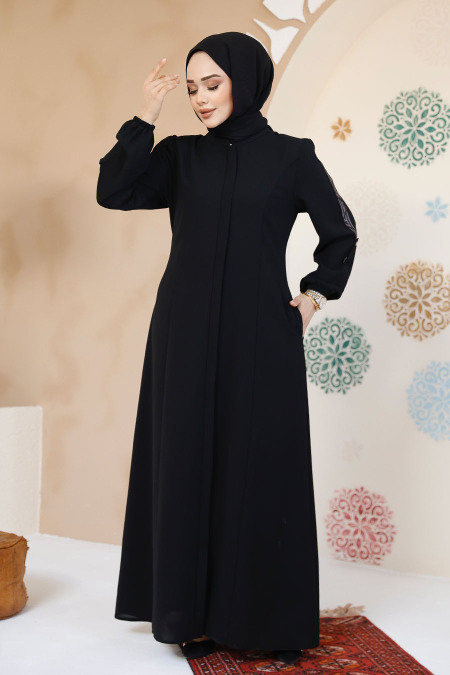 Fermuarlı Siyah Tesettür Abaya 61364S - 3