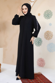 Fermuarlı Siyah Tesettür Abaya 61364S - 1