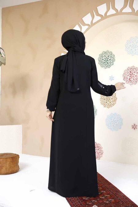 Fermuarlı Siyah Tesettür Abaya 61364S - 4