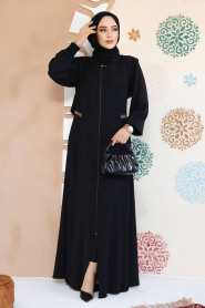 Fermuarlı Siyah Tesettür Abaya 8104S - 1
