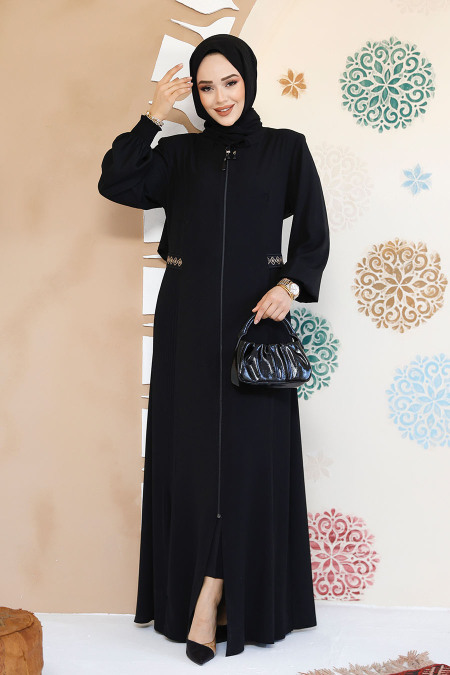 Fermuarlı Siyah Tesettür Abaya 8104S - 2