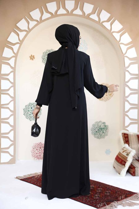 Fermuarlı Siyah Tesettür Abaya 8104S - 3