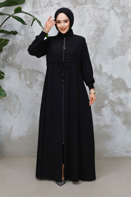 Fermuarlı Siyah Tesettür Abaya 81291S - 1