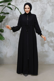 Fermuarlı Siyah Tesettür Abaya 81291S - 2
