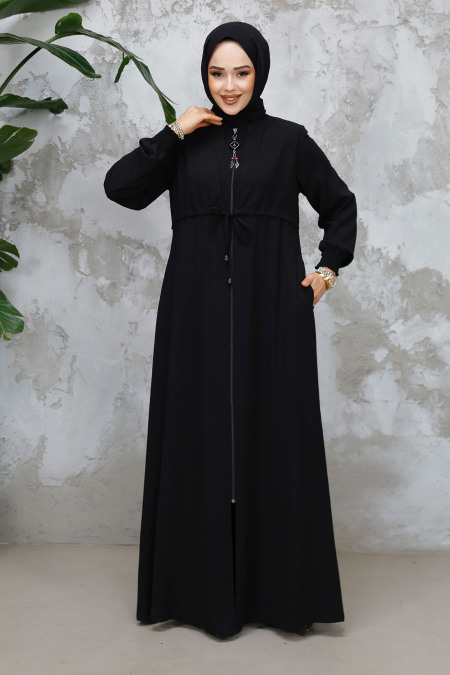 Fermuarlı Siyah Tesettür Abaya 81291S - 3