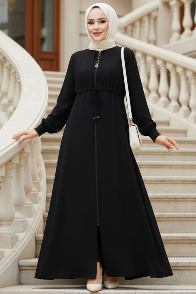 Fermuarlı Siyah Tesettür Abaya 81291S - 1