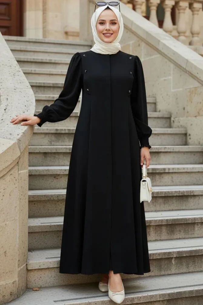 Fermuarlı Siyah Tesettür Abaya 85106S - 1
