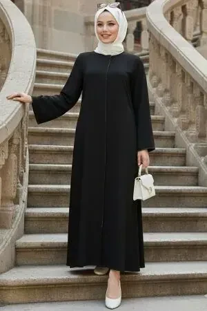 Fermuarlı Siyah Tesettür Abaya 85107S 
