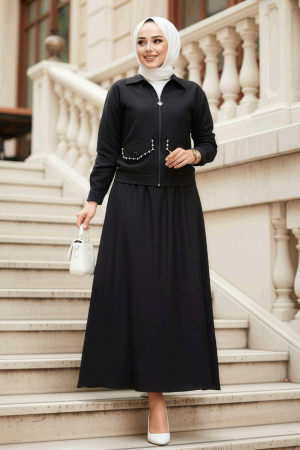Fermuarlı Siyah Tesettür Etekli İkili Takım 44751S - 1
